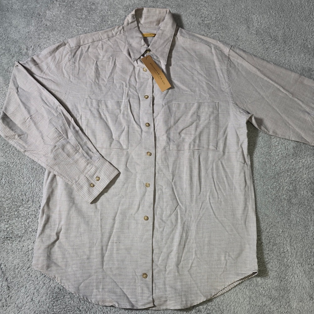 Donna Karan Signature Mens M Button Down Shirt River Blue Tan Micro Check Cotton